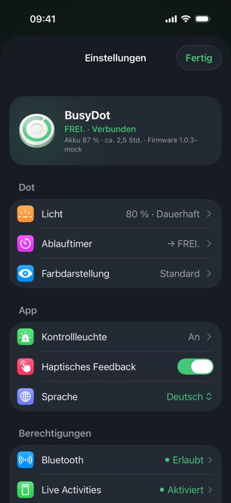 BusyDot-App: Einstellungen mit Gerätekarte