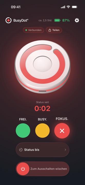 BusyDot-App: Status FOKUS. in Rot