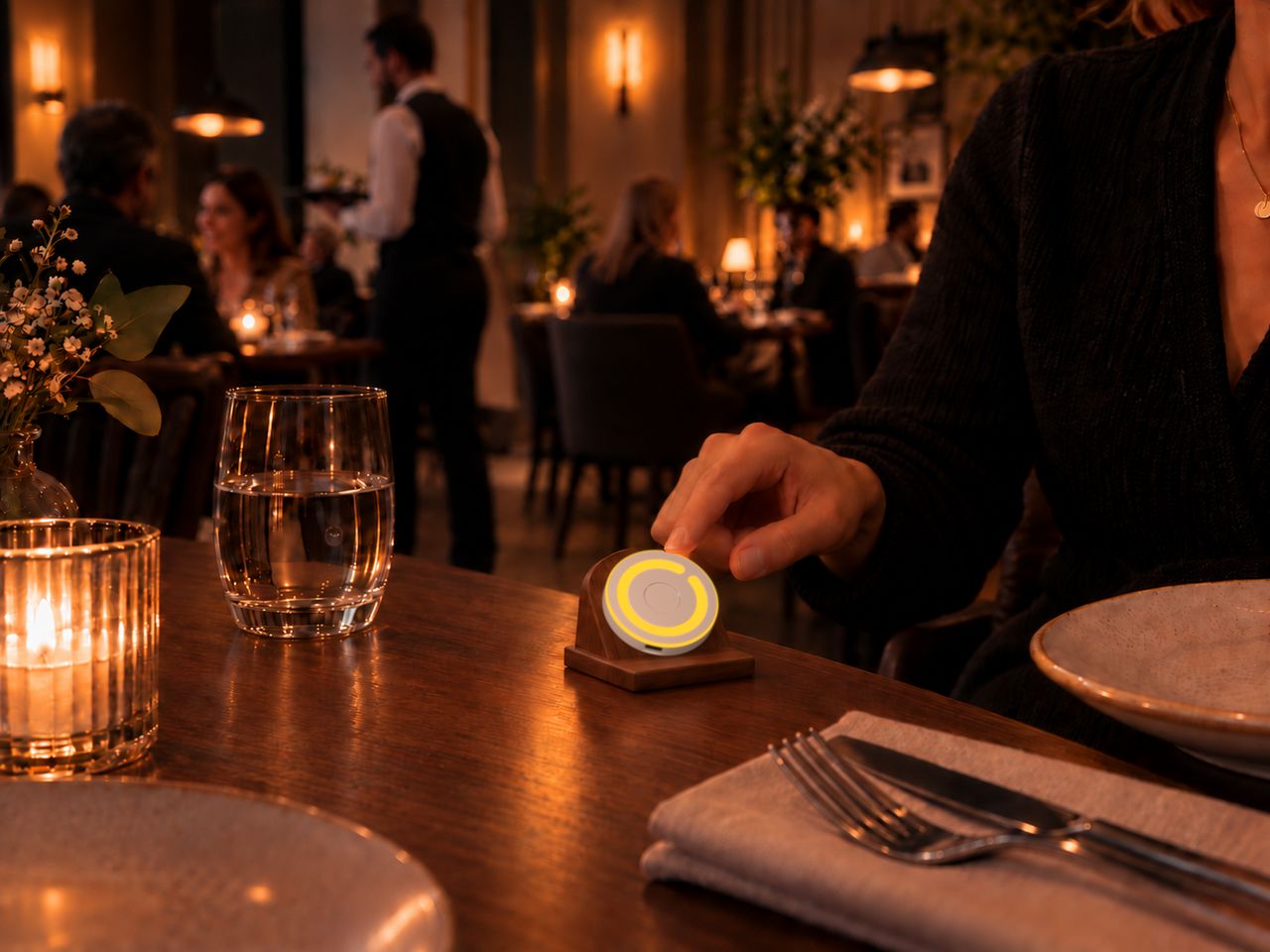 KI-generierte Beispielszene: Restaurant am Abend: Eine Frau tippt am Tisch auf einen gelb leuchtenden Dot in einem Holzständer. Im Hintergrund Gäste und ein Kellner.