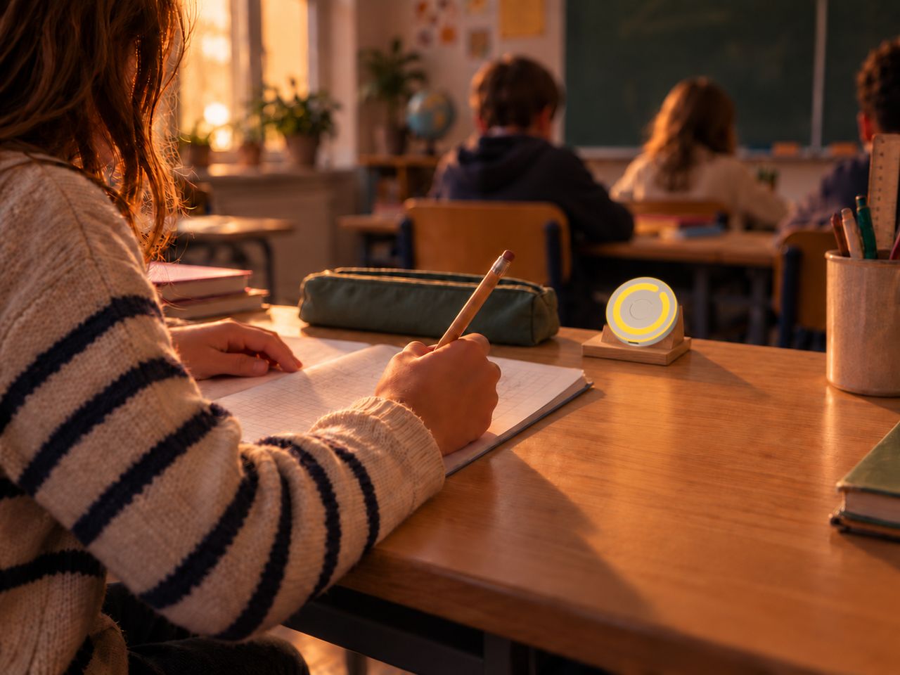 KI-generierte Beispielszene: Klassenzimmer: Ein Kind schreibt in ein Heft, daneben steht ein gelb leuchtender Dot in einem Holzständer. Im Hintergrund weitere Kinder an ihren Tischen.
