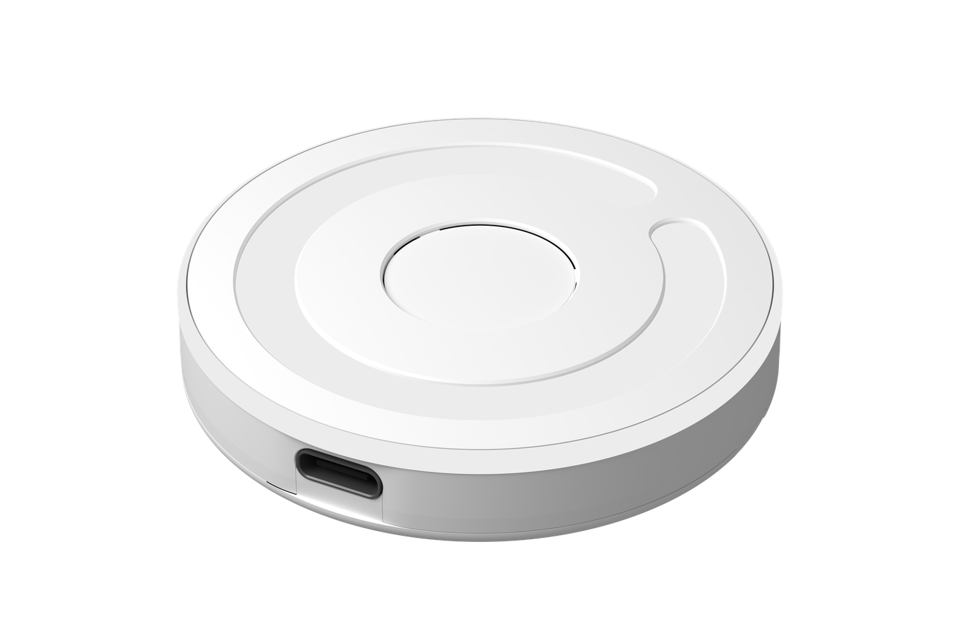 Der Dot schräg von vorn: mattweiße Scheibe mit leuchtendem C-Ring und USB-C-Buchse.