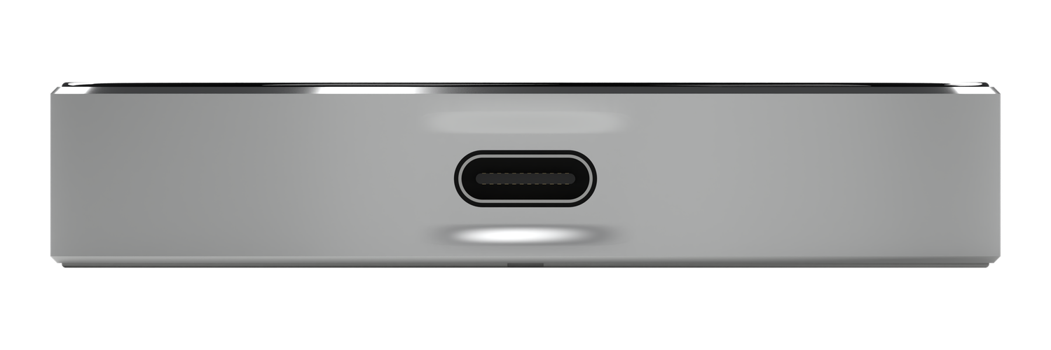 Seitenansicht des Dots: Aluminiumrand mit schwarzem Glas oben und USB-C-Buchse in der Mitte.