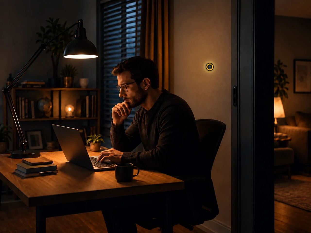 KI-generierte Beispielszene: Ein Mann arbeitet abends am Laptop an seinem Schreibtisch. An der Wand neben ihm zeigt der Dot BUSY. mit gelbem Ring.