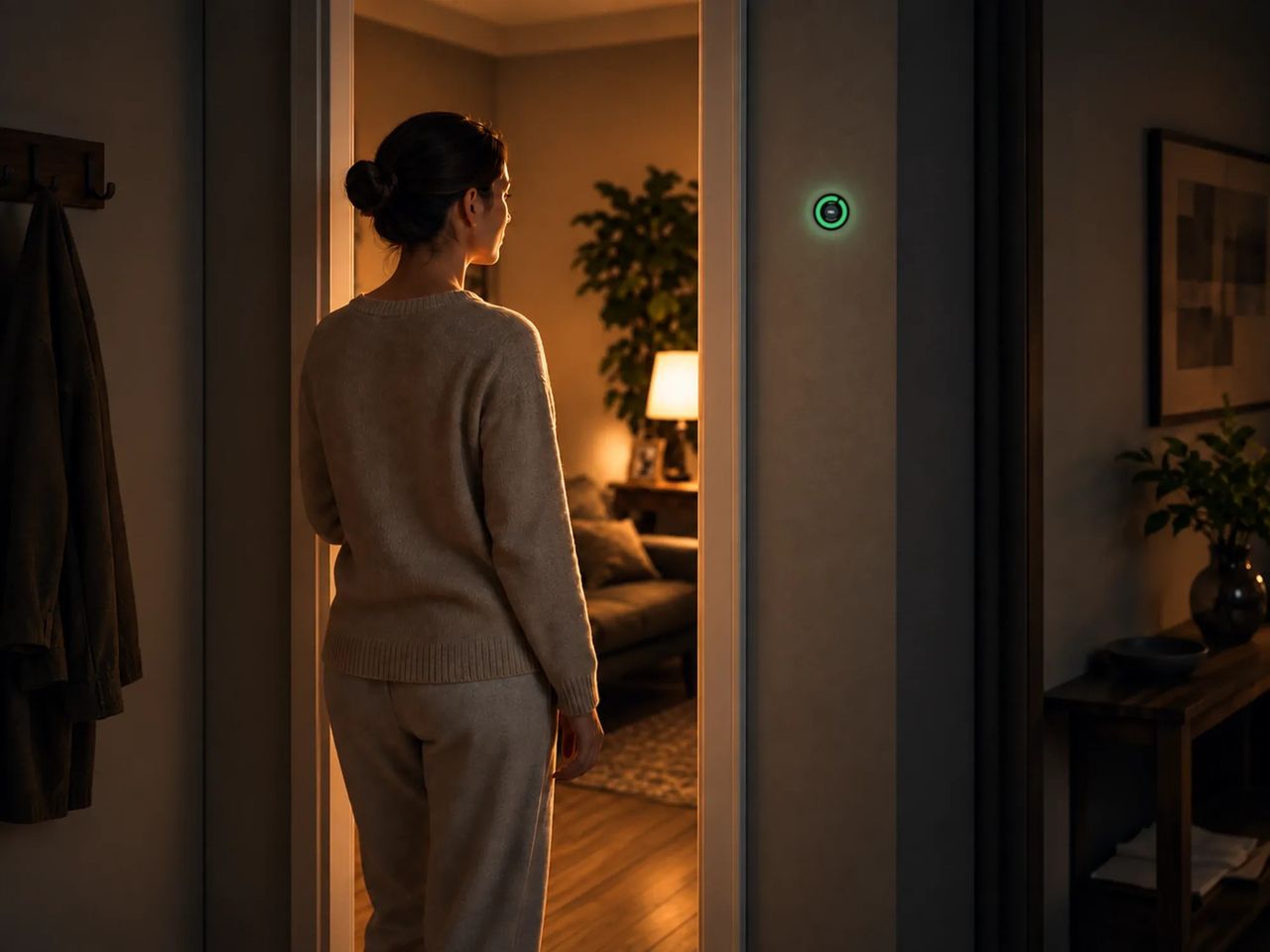 KI-generierte Beispielszene: Abendlicher Flur: Eine Frau blickt durch eine offene Tür ins warm beleuchtete Wohnzimmer. Neben der Tür zeigt der Dot FREI. mit grünem Ring.